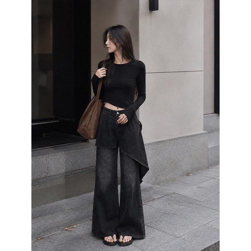 Design sense niche black jeans women's summer new high waist drape floor pants irregular cut wide leg pants