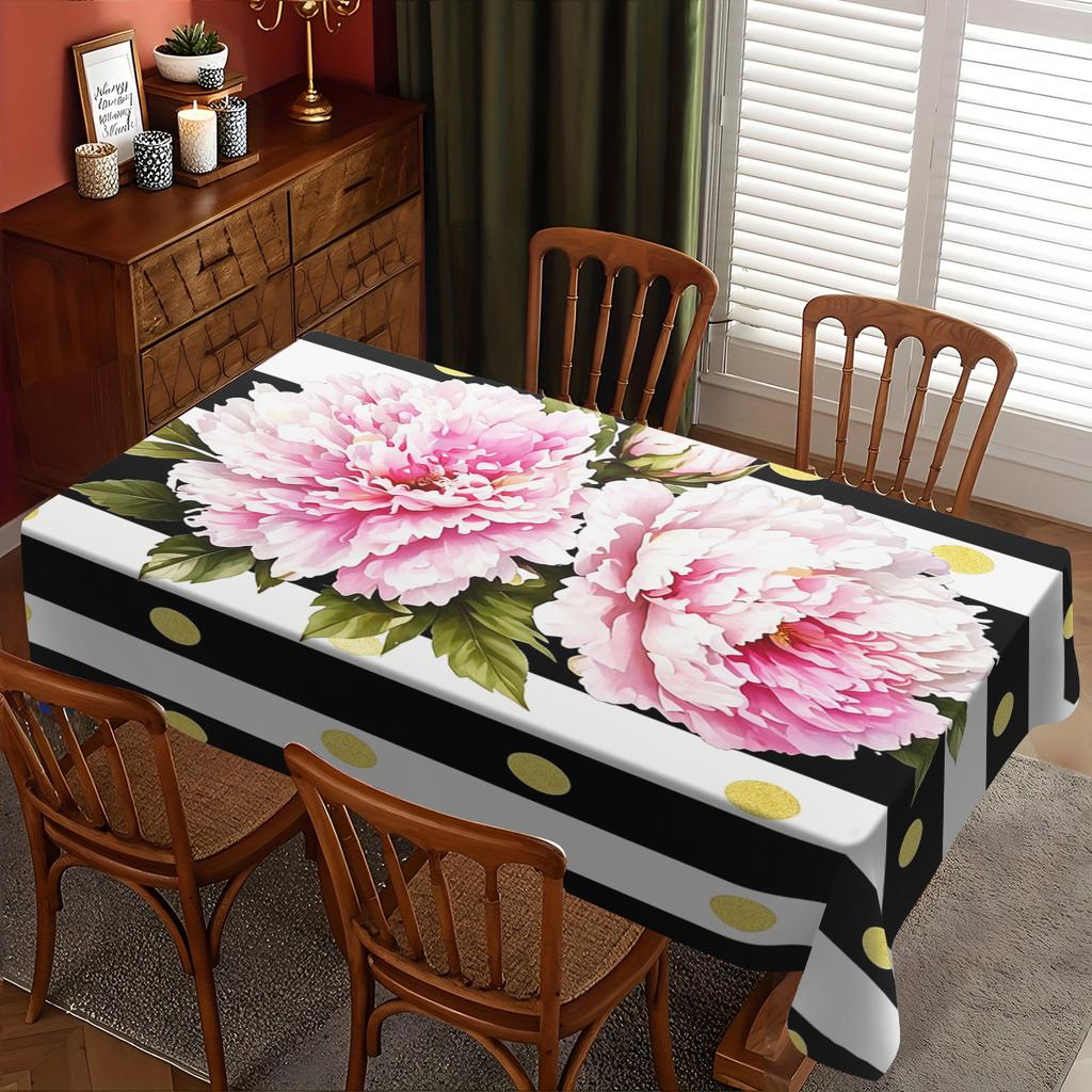 Gorgeous Peony Pattern Polyester Tablecloth - Stylish Striped & Polka Dot Table Cover for Home Dining, Party Table Decoration