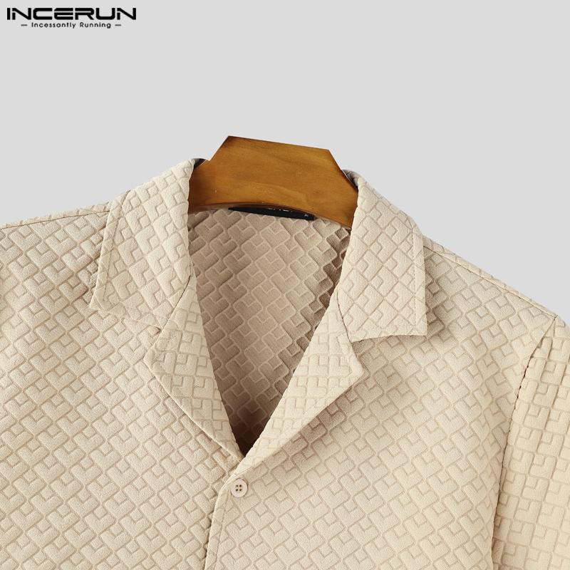 INCERUN Oversized Men Lapel Neck Short Sleeve Texture Buttons Up Casual Shirts