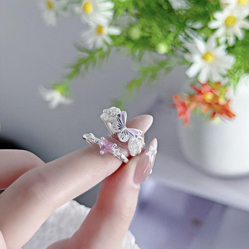 Romantic Pink Love Butterfly Zircon Whitening Temperament Open Ring Women'S Exquisite Niche Cold Wind Ring