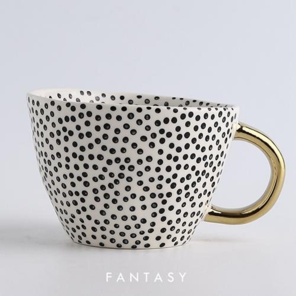 American Irregular Geometric Ceramic Coffee Cup with Gold Plated Handle Black and White Pattern Milk Tea Cup Home Accessories