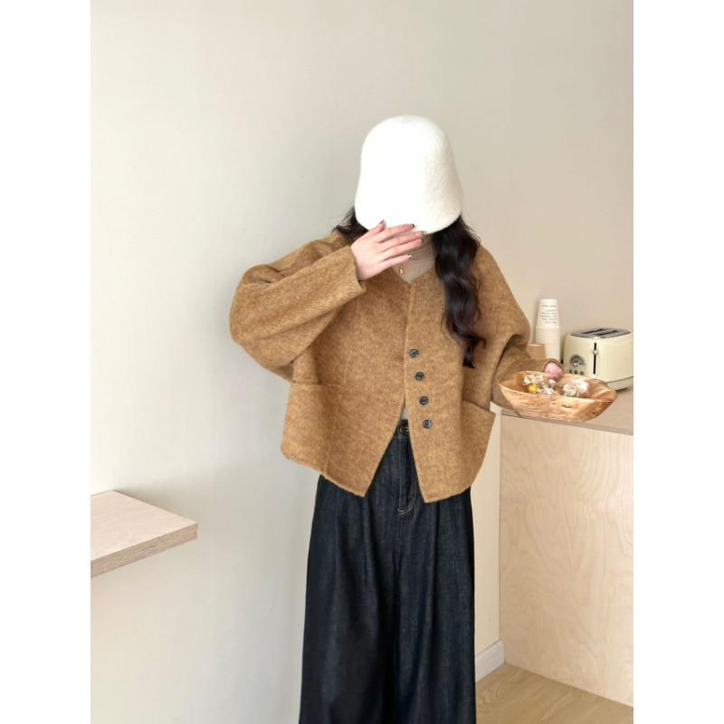 Herbst und Winter Einfarbig Kurz Einreihig Beidseitiger Wollwollmantel für Damen Petite Lässiger Wollmantel