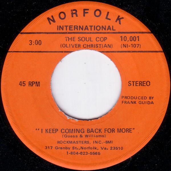

7-дюймовая пластинка SOUL COP OLIVER CHRISTIAN I Keep Coming Back For More 10001 1976 США SoulFunk Б/у