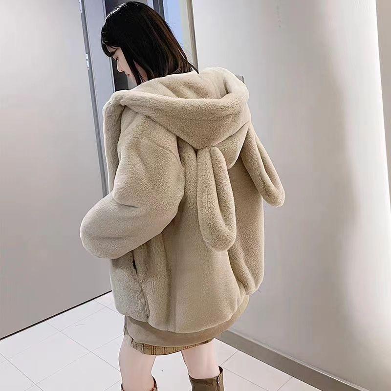 Lamb Plush Fur Coat Women's Autumn and Winter New Furry Loose Thickened Slim Hooded Top