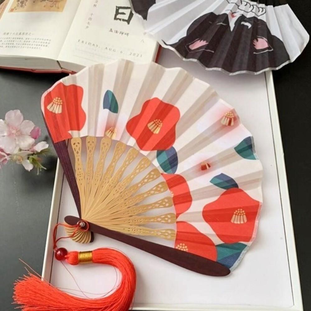 Portable Retro Folding Fan Shell Shape Japanese Style Decorative Fan with Tassels Cartoon Handmade Fan Daily Use