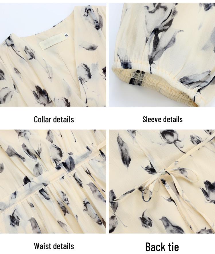 High-End Floral Print V-Neck Long Sleeve Summer Dress for Women