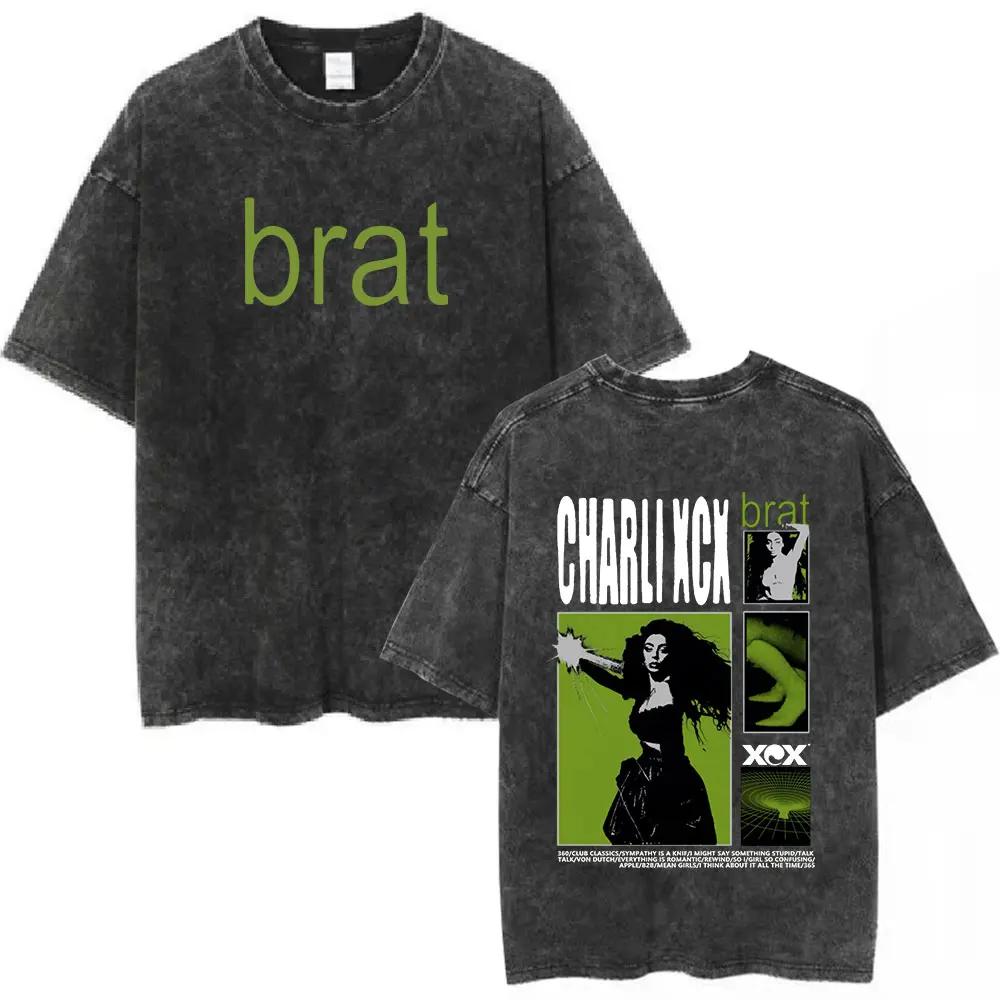 Charli Xcx Brat Arena Tour Washed T Shirts Men Women Fashion Pop Music Tshirts Cotton Vintage Tshirt Oversized Streetwear