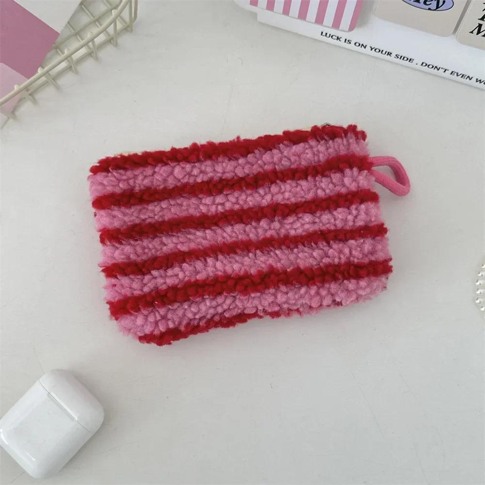 Women Plush Love Lipstick Cosmetic Storage Bag Heart Dot Stripes Leopard Print Clutch Mini Key Coin Purse ID Bag Case