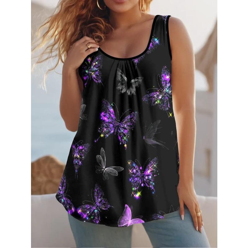 Summer Creative Colorful Beautiful Butterfly Print Women's Sleeveless Vest Casual Loose Fashionable Comfortable Vest