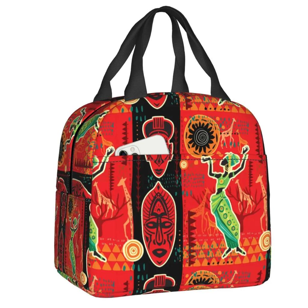 African Elements Pattern Insulated Lunch Tote Bag for Women Africa Ethnic Culture Cooler Thermal Bento Box Work School Travel