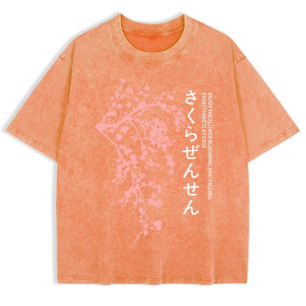 Japan Kirschblüten Aufdruck Gewaschene T-Shirts Herren Baumwolle Oversize T-Shirt Lässige O-Ausschnitt Kurzarm Oberteile Kleidung