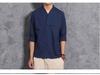 Men's Chinese Cotton-Linen V-Neck Retro Hanfu T-Shirt, Summer Three-Quarter Sleeve, Loose Plus Size