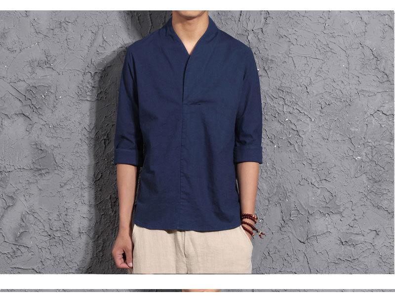 Men's Chinese Cotton-Linen V-Neck Retro Hanfu T-Shirt, Summer Three-Quarter Sleeve, Loose Plus Size
