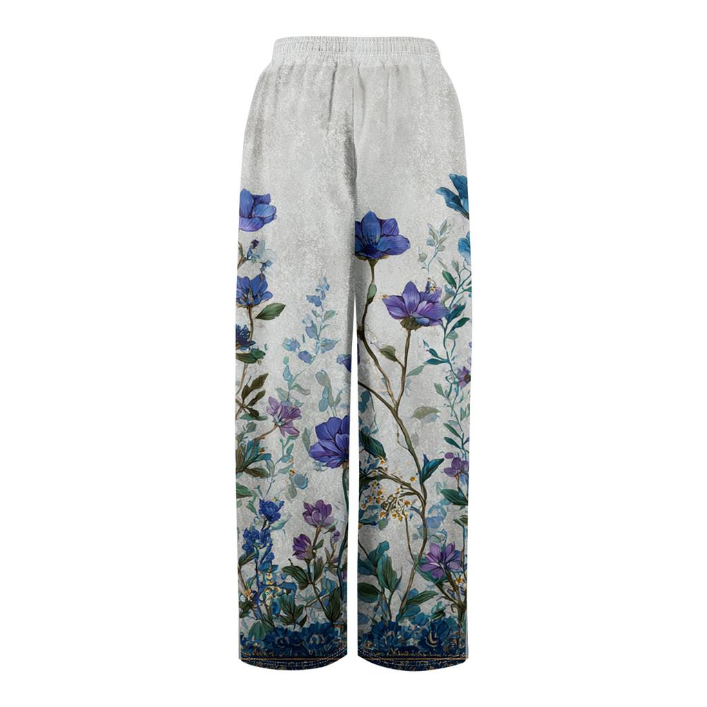 Dámské letní kalhoty Boho Palazzo s vysokým pasem a širokými nohavicemi s květinovým potiskem ležérní kalhoty s kapsami