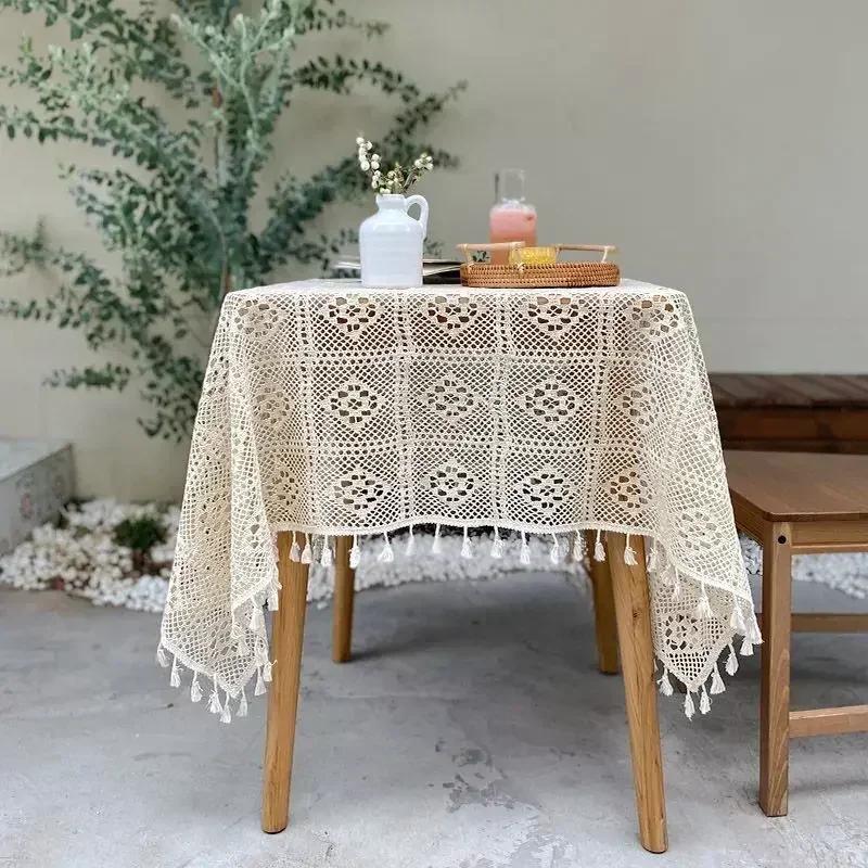 Häkelspitze Tischdecke Beige Baumwollgarn Gestricktes Karomuster Esstischdecke Quasten Rund Quadratisch Schreibtischabdeckungen