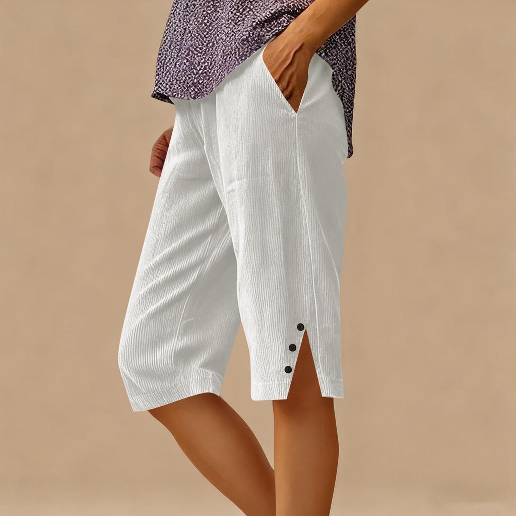 Women’s Corduroy Knee Length Shorts Relaxed Fit Button Side Pockets Casual Lightweight Soft Material