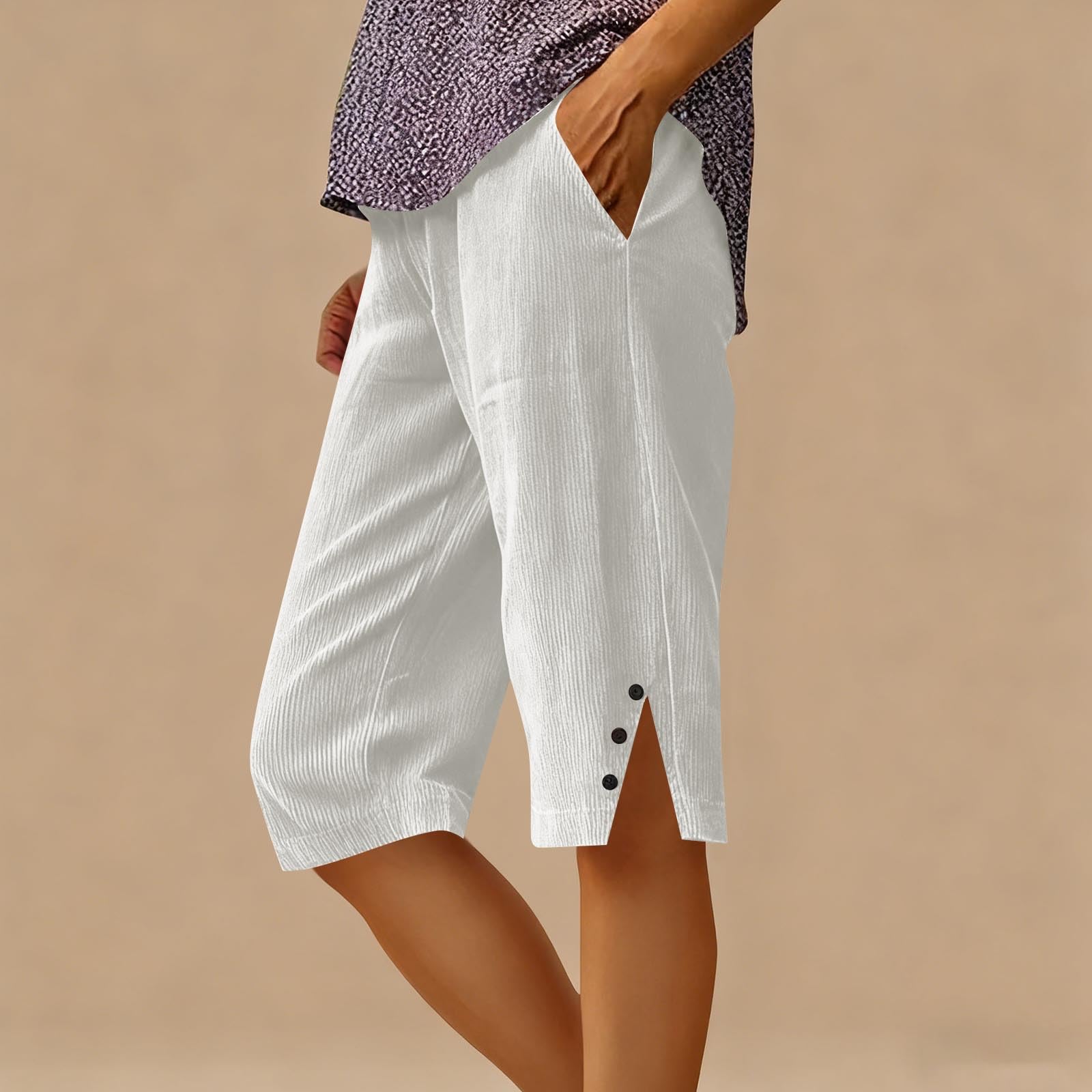 

Women’s Corduroy Knee Length Shorts Relaxed Fit Button Side Pockets Casual Lightweight Soft Material M белый