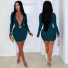 ZY European and American Independent Station Sexy Deep V Tight Skirt Metal Accessories Long Sleeve Hip Wrap Spice Girls Banquet Dress