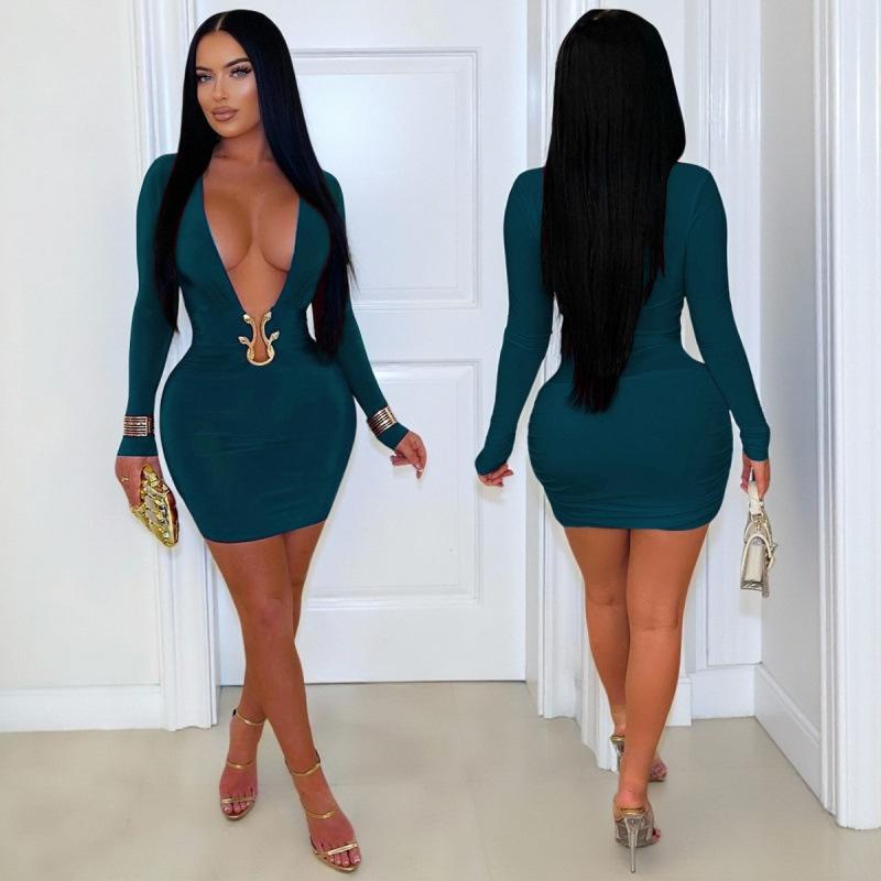 ZY European and American Independent Station Sexy Deep V Tight Skirt Metal Accessories Long Sleeve Hip Wrap Spice Girls Banquet Dress