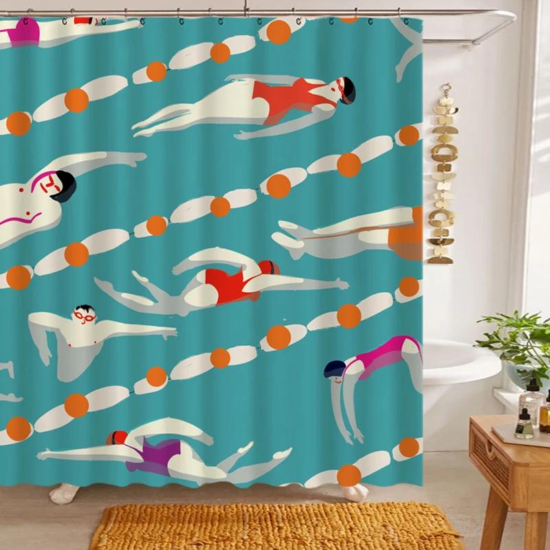 

Swimming Theme Shower Curtain Cartoon Printing Partition Hanging Water Resistance Fabric For Bath Home Bathroom Decor W60H190(CM)-1 Pcs