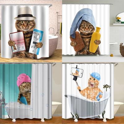 Cartoon Funny Cat Bathing Print Shower Curtain, Waterproof Partition Curtain With Hooks Bathroom Decoration Curtain
