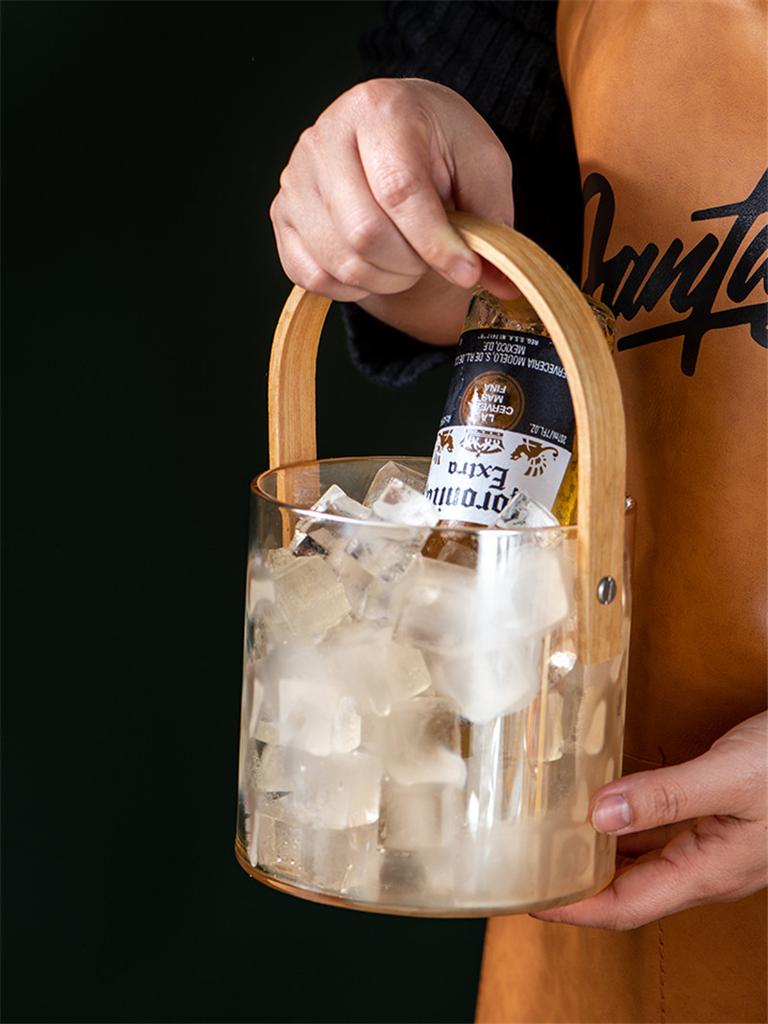 Přenosná průhledná skleněná mísa na ovoce | Kbelík na ledové víno | Salátová mísa | Koš na svačinu s dřevěnou rukojetí