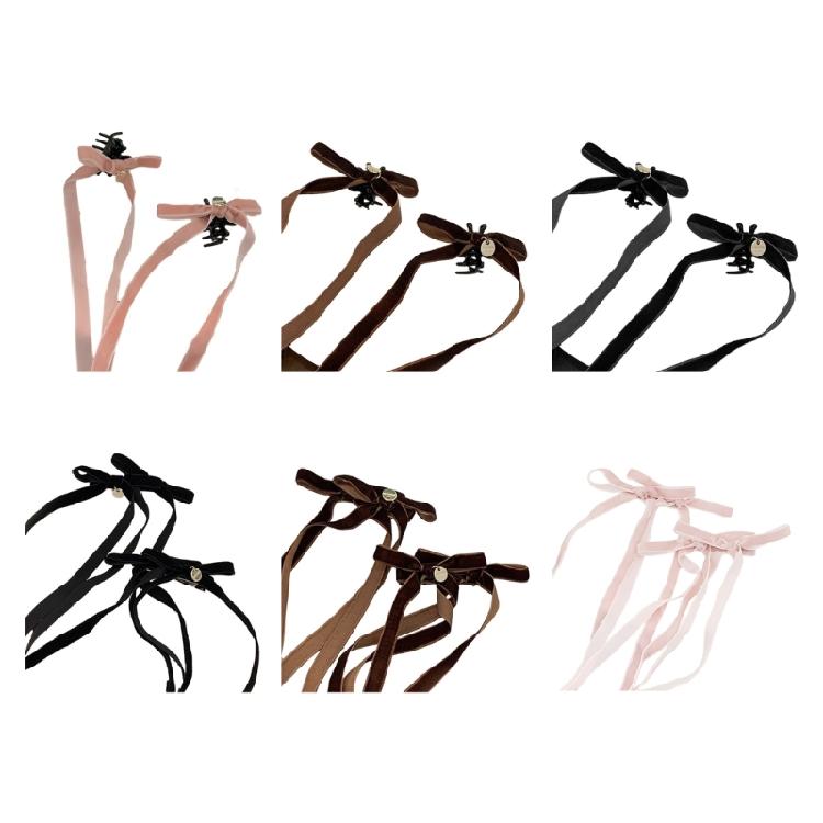 Velvets Bowknot Hair Clip Long Ribbon Hairpins Hair Accessories Hair Side Clips