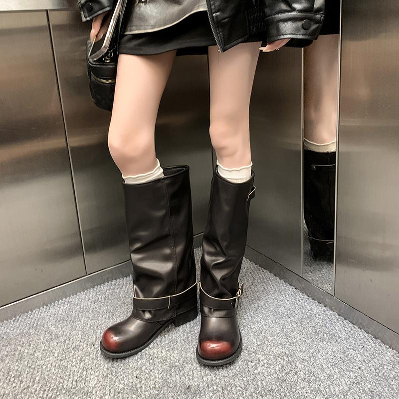 Autumn Winter Thick Heel Women Western Cowboy Boots Fashion Belt Buckle Slip On Shoes Ladies Vintage Pleated Short Booties