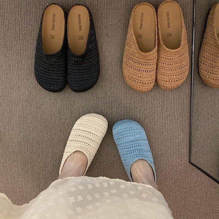 Evening Wind Thick-soled Bohemian Boken Shoes Women's Outer Wear Woven Hollow Breathable Half-drag One Pedal Bag Head Single Shoes