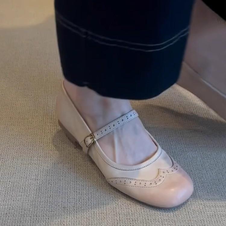Sheepskin Version~ Genuine Leather French Retro Brock Engraved Mary Jane Small Leather Shoes Women's Versatile Flat-bottomed Shallow Mouth Single Sho