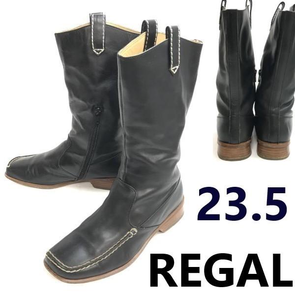 

REGAL Japan leather long pecos western boots women s 23.5 black low heels(USED)