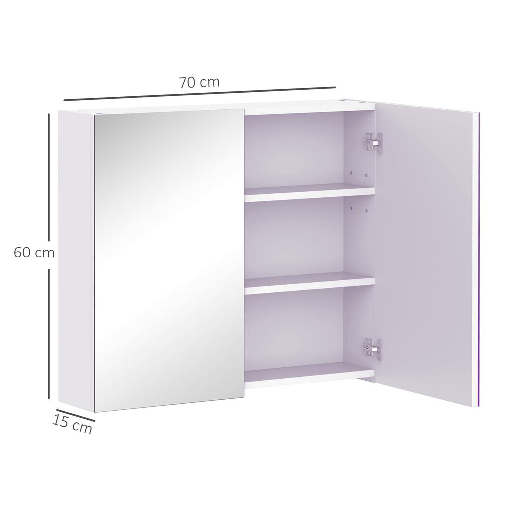 Mirror Cabinet, Wall Mount Bathroom Storage Cabinet with Adjustable Shelf, Double Door Cupboard, 70 x 15 x 60 cm, White