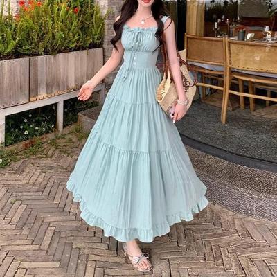 Minzgrünes Süßes Französisches Trägerkleid - Schlankmachende Taille, Sommerurlaub am Meer