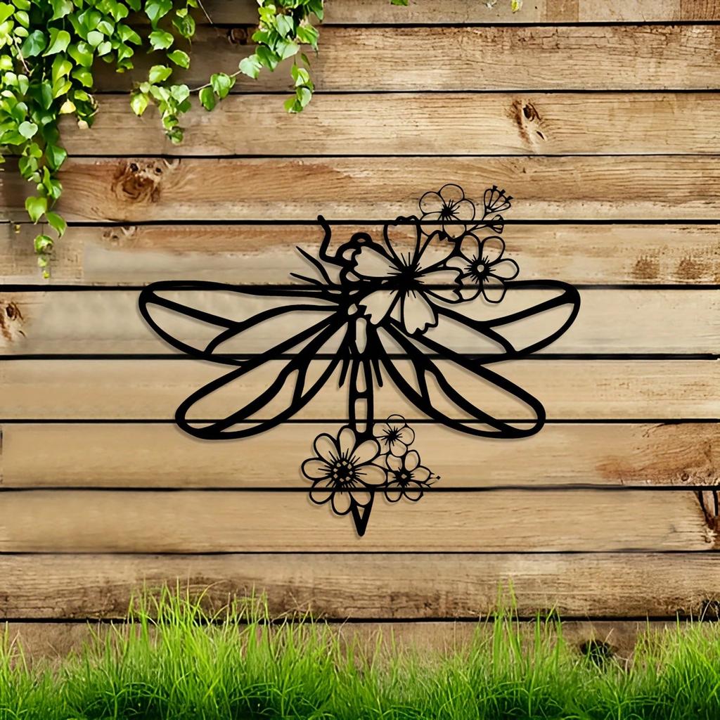 Metal Dragonfly Wall Art Iron Sculpture with Floral Detail Indoor Outdoor Decor Living Room Bedroom Gift Rustic Nature