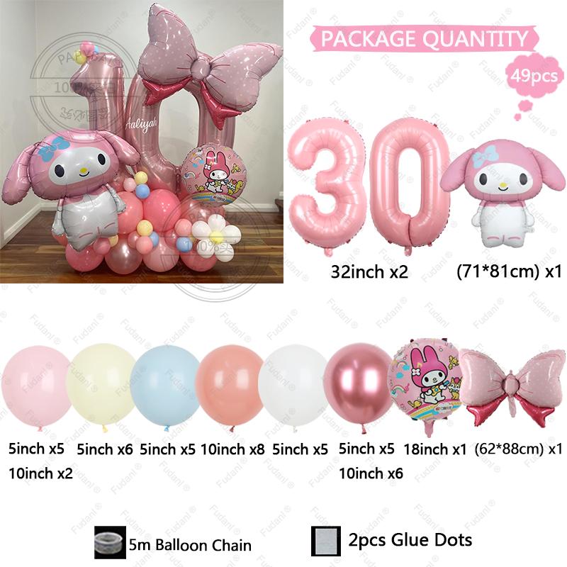 48pcs Cartoon Cute My Melody Bow Theme Foil Balloon 32 Inch Pink Number Set Children's 1-9th Birthday Party Decorative Toys