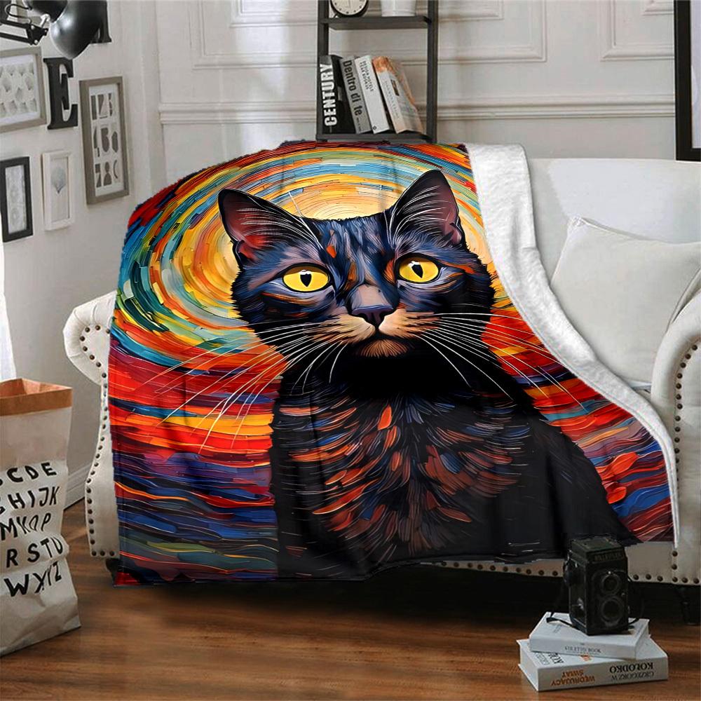 1pc Colorful Cat Art Soft & Warm Polyester Knit Blanket, Digital Printed, All-Season Throw for Napping, Traveling, Sofa yy250906020