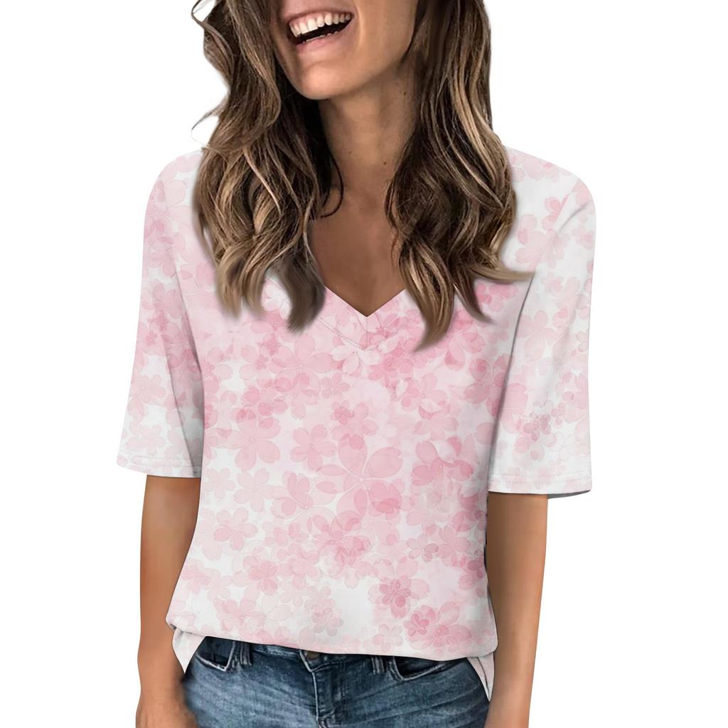 Women's V Neck T Shirts Half Sleeve Tops Printed Casual Summer Tees T Shirt Blouse