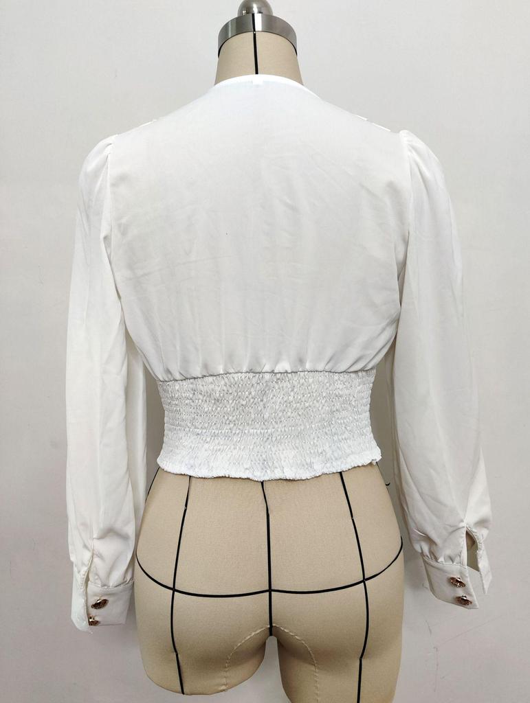 Damen V-Ausschnitt Sexy Langarm Puffärmel Einfarbig Kurzhemd