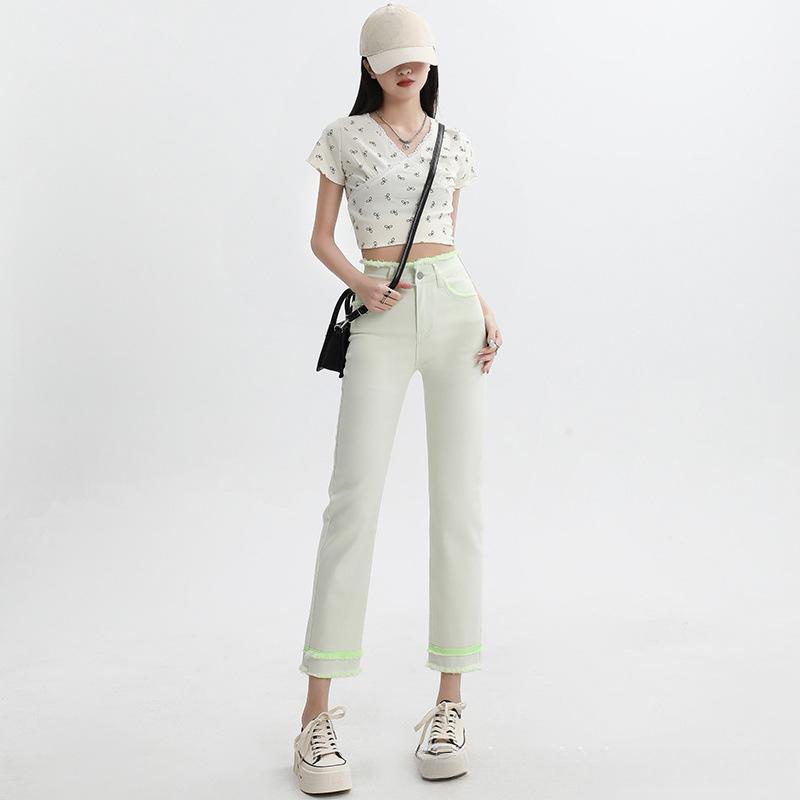 

Белые девятиточечные джинсы для женщин на лето тонкие с высокой талией облегающие маленькие контрастные брюки прямого кроя XXL