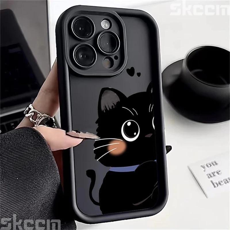 Cute Cartoon Black White Cat Phone Case For iPhone 16 Pro Max 15 14 13 12 11 XS XR X 8 7 15 Plus Shockproof Soft Silicone Cover