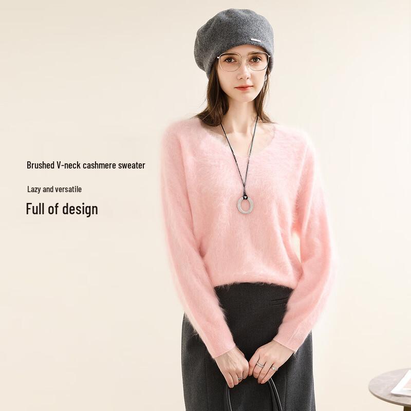 TUHUANG Women's Seamless Brushed Pure Cashmere V-Neck Sweater