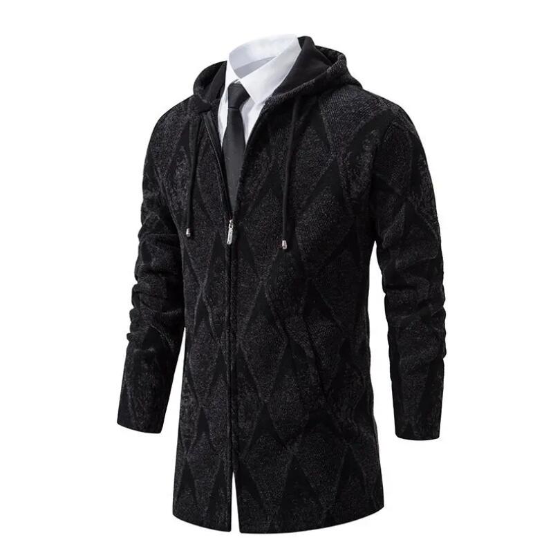 Autumn Winter Men's Fleece Mid Length Hooded Knit Cardigan Casual Knitwear Coat Thickened Warm Sweatercoat Men