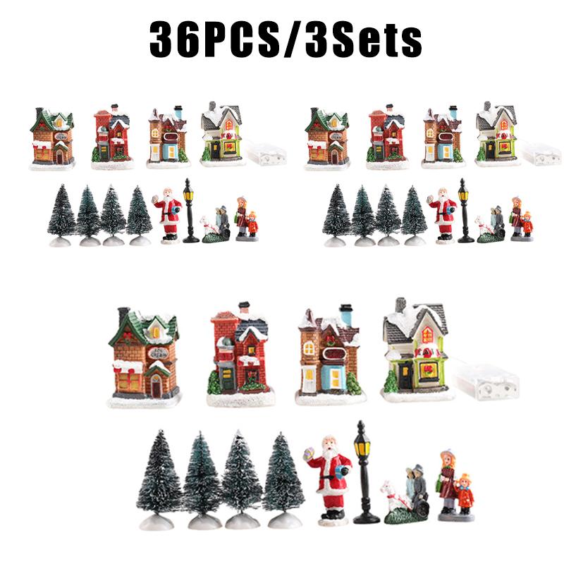 Holiday Landscape Decor Set Christmas Resin Miniature Houses with Light Up Village Collection for Tabletop Display