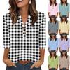 Women's Casual Plaid Print Neckline 3/4 Sleeve T-Shirt Top for Everyday and Weekend Wear