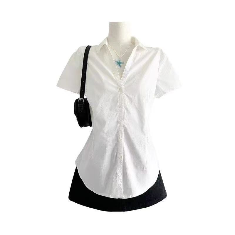 White Waist Cinched Women's Short Sleeved Shirts Korean Style Minimalist Versatile Top American College Style Lady Shirt