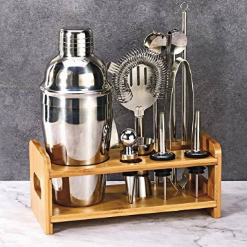 Stainless Steel Cocktail Shaker Set With Storage Wooden Rack For Home Bar Enthusiasts