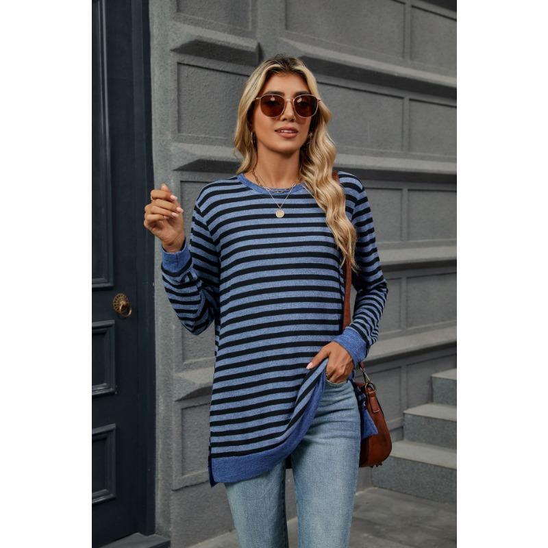Autumn and Winter Women's Blouse Plus Size Striped Clashing Round Neck Long Sleeve Loose Top