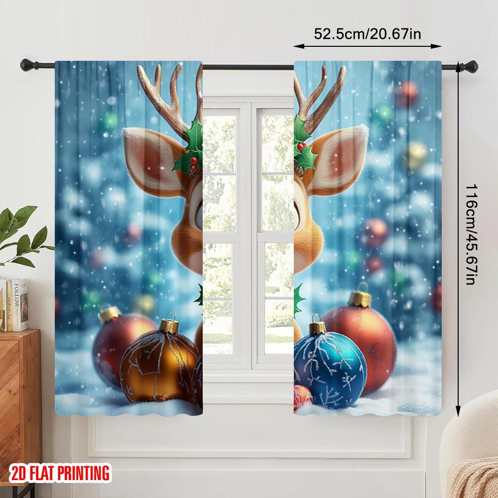 2pcs,2D Plane Printing Window Curtain Cute Christmas Reindeer Holiday Ornaments Durable 100% Polyester Fabric (without Rod)