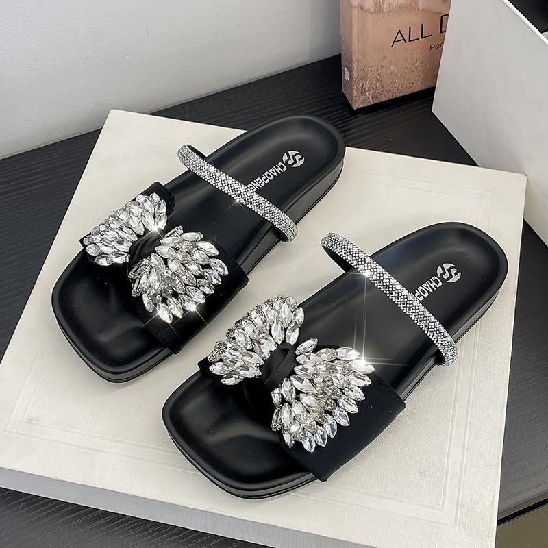New Flat-bottomed Bow Rhinestone Slippers Women's Cross with Satin Open-toed Fashion Outer Slippers Women