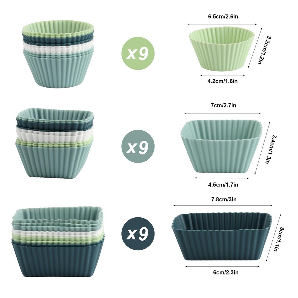 27pk Silicone Muffin Molds - Reusable Baking Cups in Rectangle/Square/Circle
